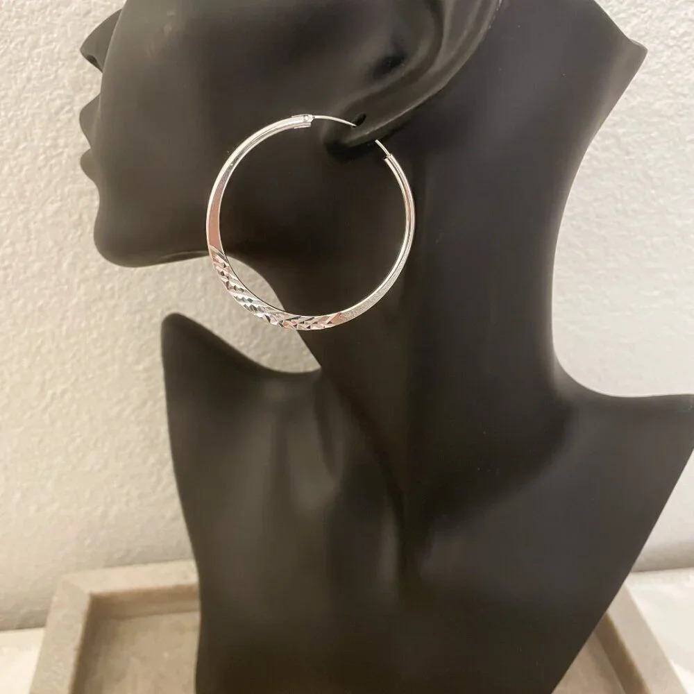 925 Sterling Silver Diamond Cut Hoop Earrings Textured Hoops Silver 2 inch Hoops - Picture 5 of 5